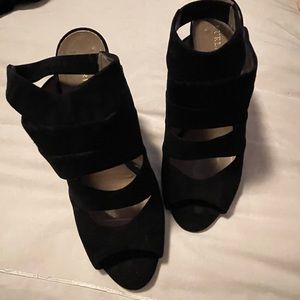 “Furla” black wrap-look peep-toe pumps. Euro 41, like a U.S. 10 (fits small).